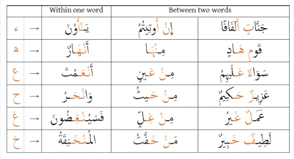 Idhar chart with examples. Noon sakin and tanween tajweed rules.
